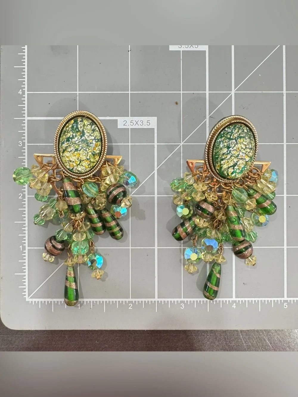Bohemian Gold Foil Green Cabochon Beaded Chandelier AB Crystal Clip Earrings